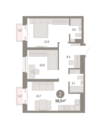 Продажа 2-комнатной квартиры 58,5 м², 21/31 этаж