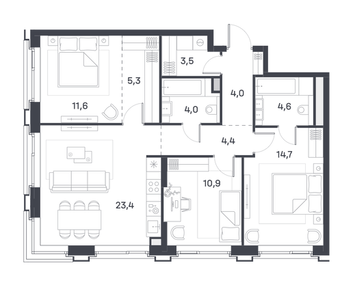 86,4 м², 3-комн. квартира, 9/25 этаж