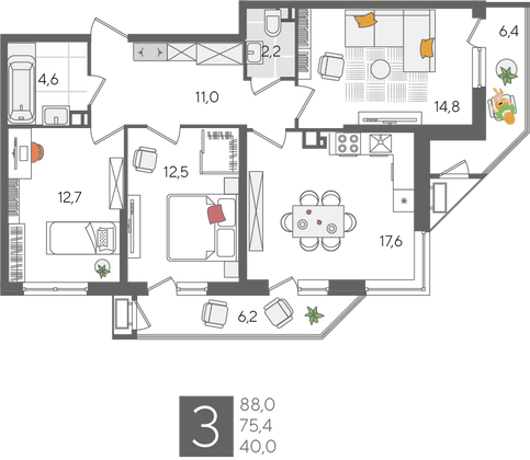 Продажа 3-комнатной квартиры 88 м², 6/24 этаж