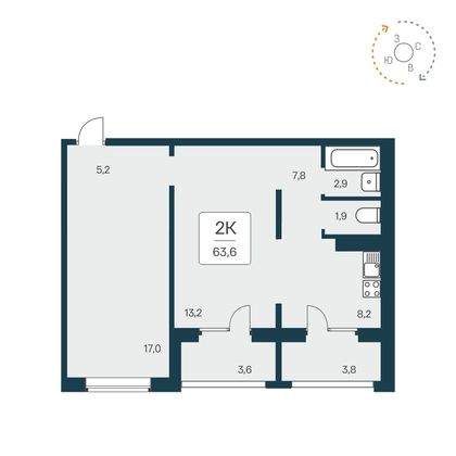 64,2 м², 2-комн. квартира, 17/17 этаж