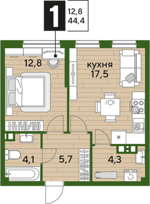 Продажа 1-комнатной квартиры 44,4 м², 6/16 этаж