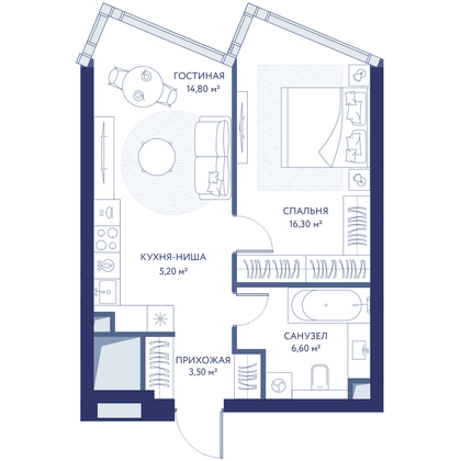 Продажа 2-комнатной квартиры 46,4 м², 15/49 этаж