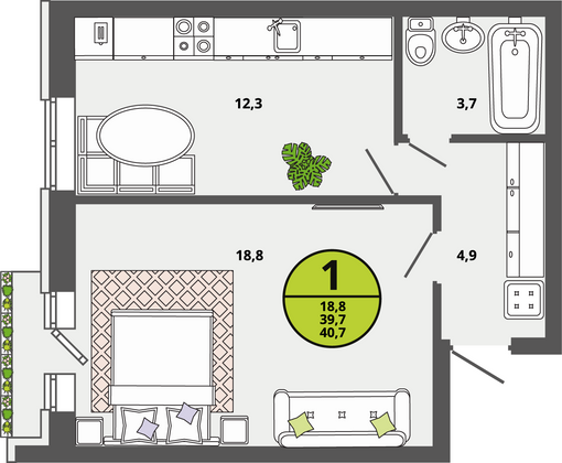 39,7 м², 1-комн. квартира, 3/3 этаж