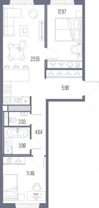64,6 м², 2-комн. квартира, 2/10 этаж