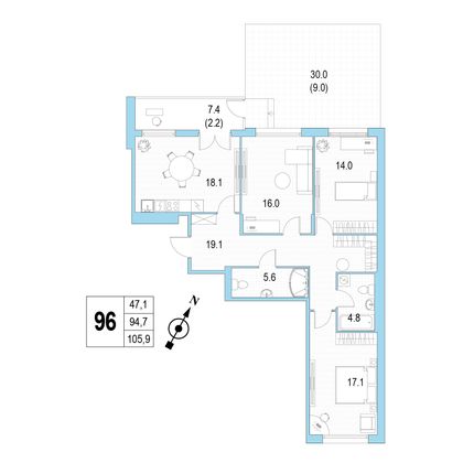 Продажа 3-комнатной квартиры 105,9 м², 1/4 этаж