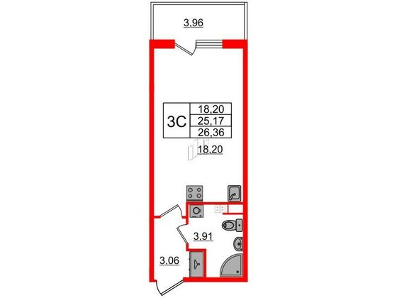 Продажа квартиры-студии 25,2 м², 3/4 этаж