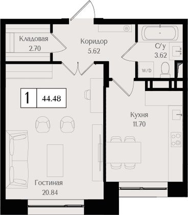 44,5 м², 1-комн. квартира, 15/17 этаж