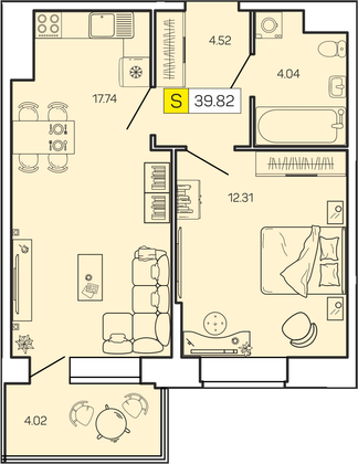 39,8 м², 1-комн. квартира, 16/16 этаж