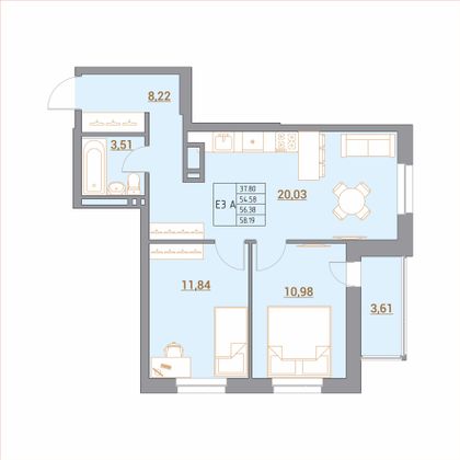 58,6 м², 3-комн. квартира, 3/21 этаж