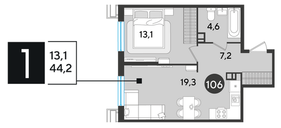 Продажа 1-комнатной квартиры 44,2 м², 5/18 этаж