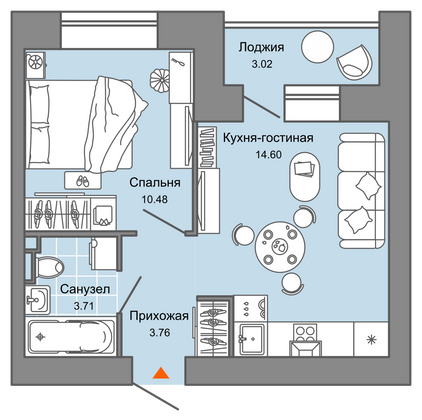 34 м², 2-комн. квартира, 1/8 этаж