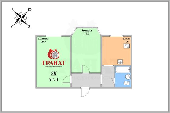 Продажа 2-комнатной квартиры 51,3 м², 2/3 этаж