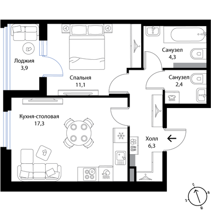 43,4 м², 1-комн. квартира, 2/3 этаж