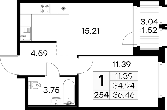 36,5 м², 1-комн. квартира, 12/15 этаж