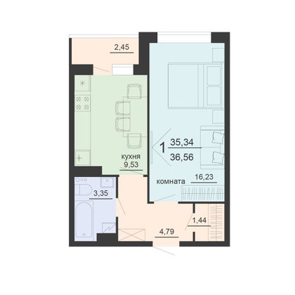Продажа 1-комнатной квартиры 36,6 м², 3/20 этаж