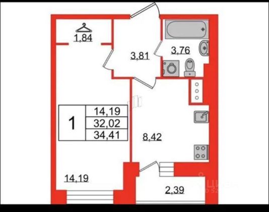 Продажа 1-комнатной квартиры 31,8 м², 11/24 этаж