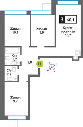 Продажа 3-комнатной квартиры 60,1 м², 4/6 этаж