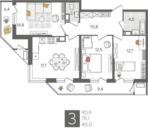 Продажа 3-комнатной квартиры 90,9 м², 24/24 этаж