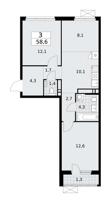 58,6 м², 3-комн. квартира, 14/16 этаж