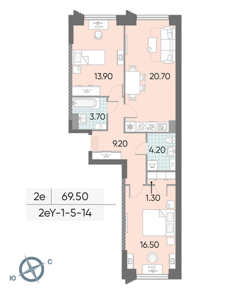 Продажа 2-комнатной квартиры 69,5 м², 7/58 этаж