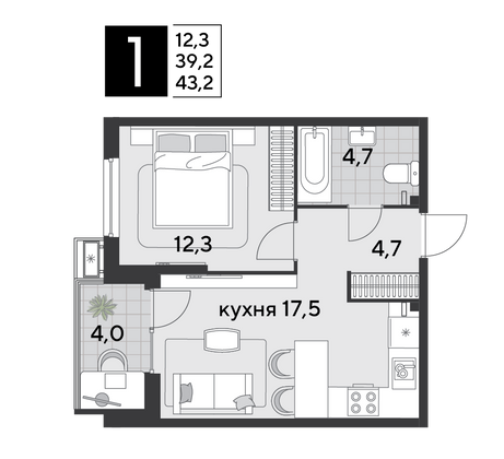 Продажа 1-комнатной квартиры 43,2 м², 2/9 этаж