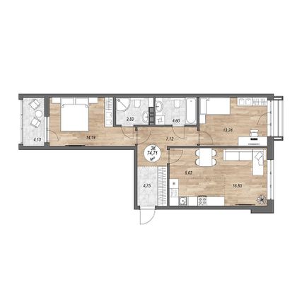 Продажа 3-комнатной квартиры 74,7 м², 3/9 этаж