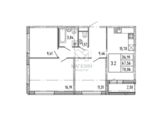 Продажа 3-комнатной квартиры 70,1 м², 3/16 этаж