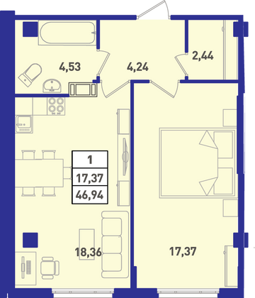 Продажа 1-комнатной квартиры 45,6 м², 9/18 этаж