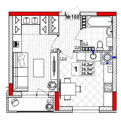 Продажа 1-комнатной квартиры 35,9 м², 4/4 этаж