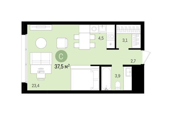 37,5 м², студия, 7/15 этаж