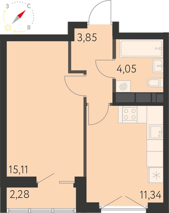 34,9 м², 1-комн. квартира, 14 этаж