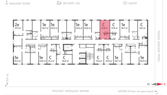 21,8 м², студия, 21/23 этаж