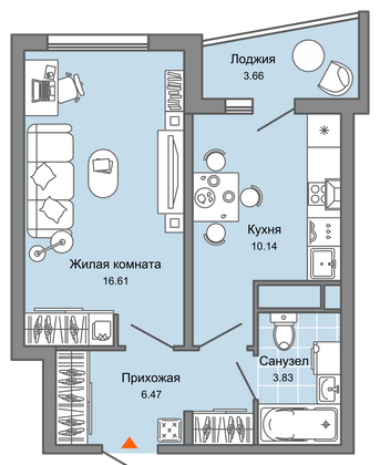 39 м², 1-комн. квартира, 9/9 этаж