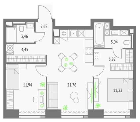 64,6 м², 2-комн. квартира, 40/57 этаж