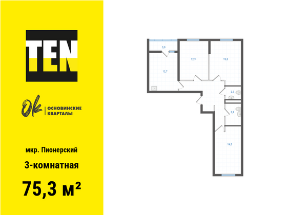 75,3 м², 3-комн. квартира, 4/19 этаж