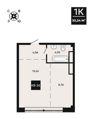 33,2 м², 1-комн. квартира, 3/4 этаж