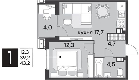 Продажа 1-комнатной квартиры 43,2 м², 7/18 этаж