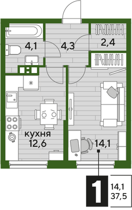 Продажа 1-комнатной квартиры 37,5 м², 3/19 этаж