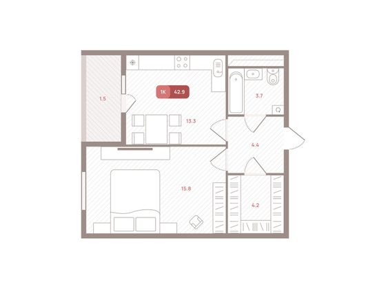 42,9 м², 1-комн. квартира, 2/23 этаж