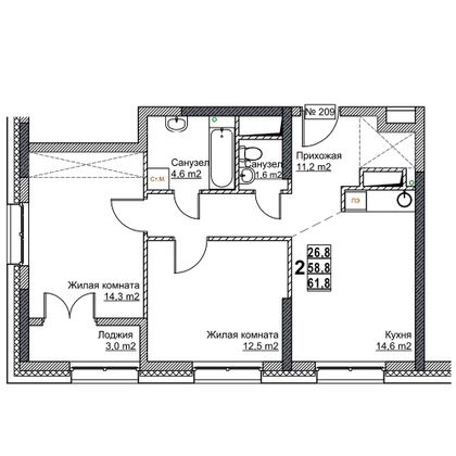 Продажа 2-комнатной квартиры 61,8 м², 9/24 этаж