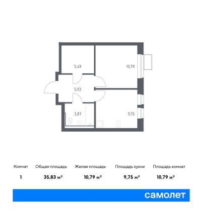 35,8 м², 1-комн. квартира, 4/12 этаж