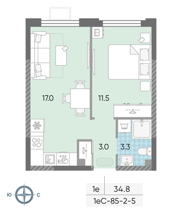 Продажа 1-комнатной квартиры 34,8 м², 4/24 этаж