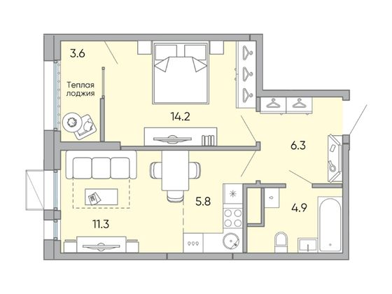 46,1 м², 2-комн. квартира, 3/18 этаж