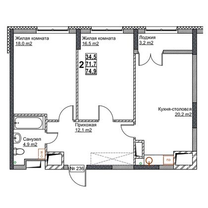 Продажа 2-комнатной квартиры 74,9 м², 13/24 этаж