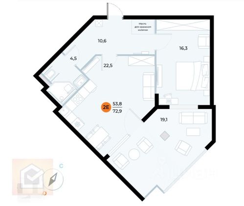 Продажа 2-комнатной квартиры 72,9 м², 1/7 этаж