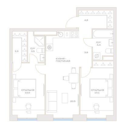 Продажа 2-комнатной квартиры 66,5 м², 13/23 этаж
