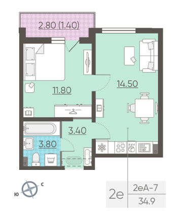 Продажа 1-комнатной квартиры 34,9 м², 5/24 этаж