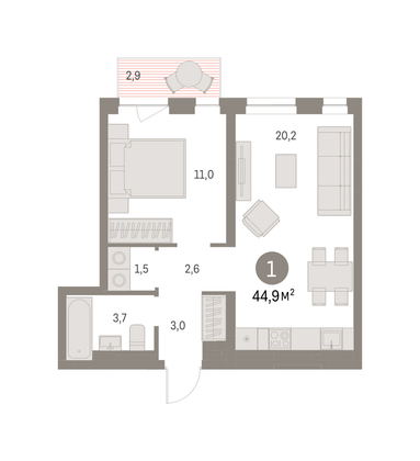 Продажа 1-комнатной квартиры 44,9 м², 6/6 этаж