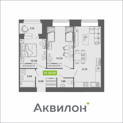 59,6 м², 2-комн. квартира, 6/11 этаж