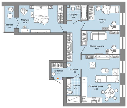 91 м², 4-комн. квартира, 2/6 этаж